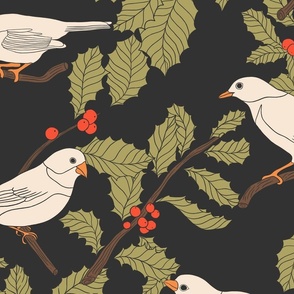 Winter Birds and Holly on Charcoal (large)