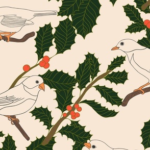 Winter Birds and Holly on Cream (large)