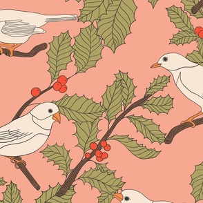 Winter Birds and Holly on Pink (large)