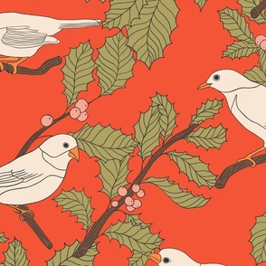 Winter Birds and Holly on Red (large)