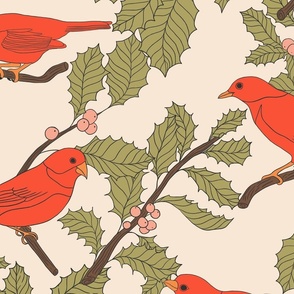 Red Winter Birds and Holly on Cream (large)