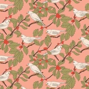 Winter Birds and Holly on Pink