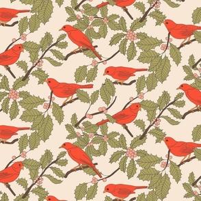 Red Winter Birds and Holly on Cream