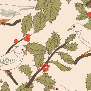 Winter Birds and Holly on Cream (large)