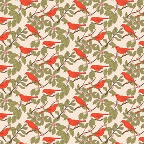 Red Winter Birds and Holly on Cream (small)