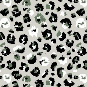 Raw free hand leopard spots wild boho animal print in black white olive green on mist 