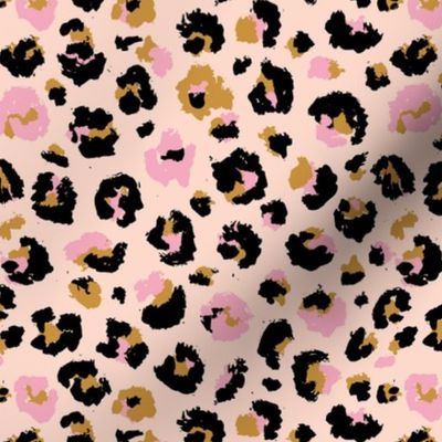 Raw free hand leopard spots wild boho animal print in valentine black pink ochre yellow on blush