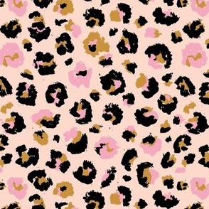 Raw free hand leopard spots wild boho animal print in valentine black pink ochre yellow on blush