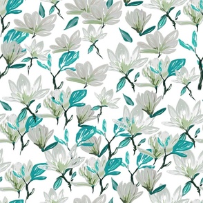 CT2203 Springtime White Blossoms Teal Leafs on White Background