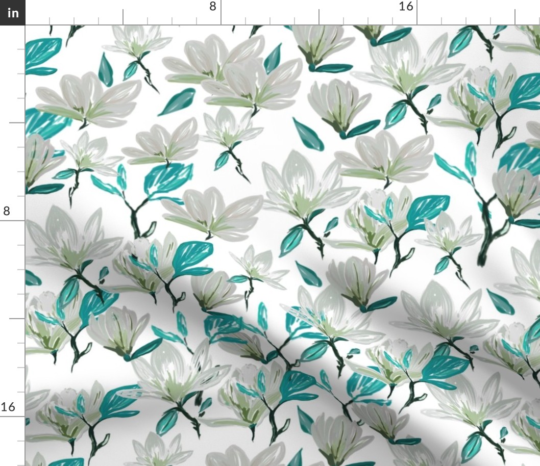 CT2203 Springtime White Blossoms Teal Leafs on White Background