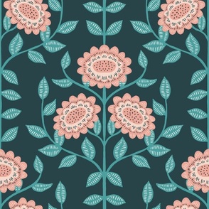 Abilene Floral - dark teal with pink