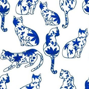 Blue and White Cats and Floral Vines
