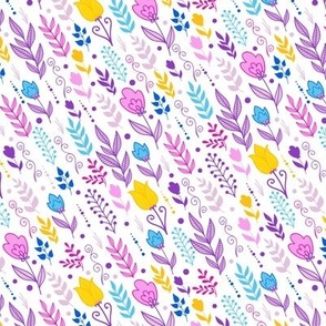 Colorful field flowers on white fabric design repeat pattern