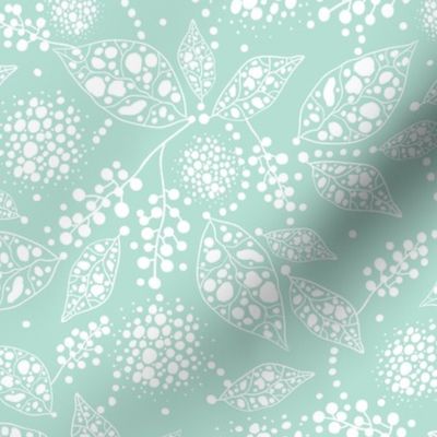 Mint green blue light textured leaves spots fabric design repeat pattern