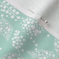 Mint green blue light textured leaves spots fabric design repeat pattern