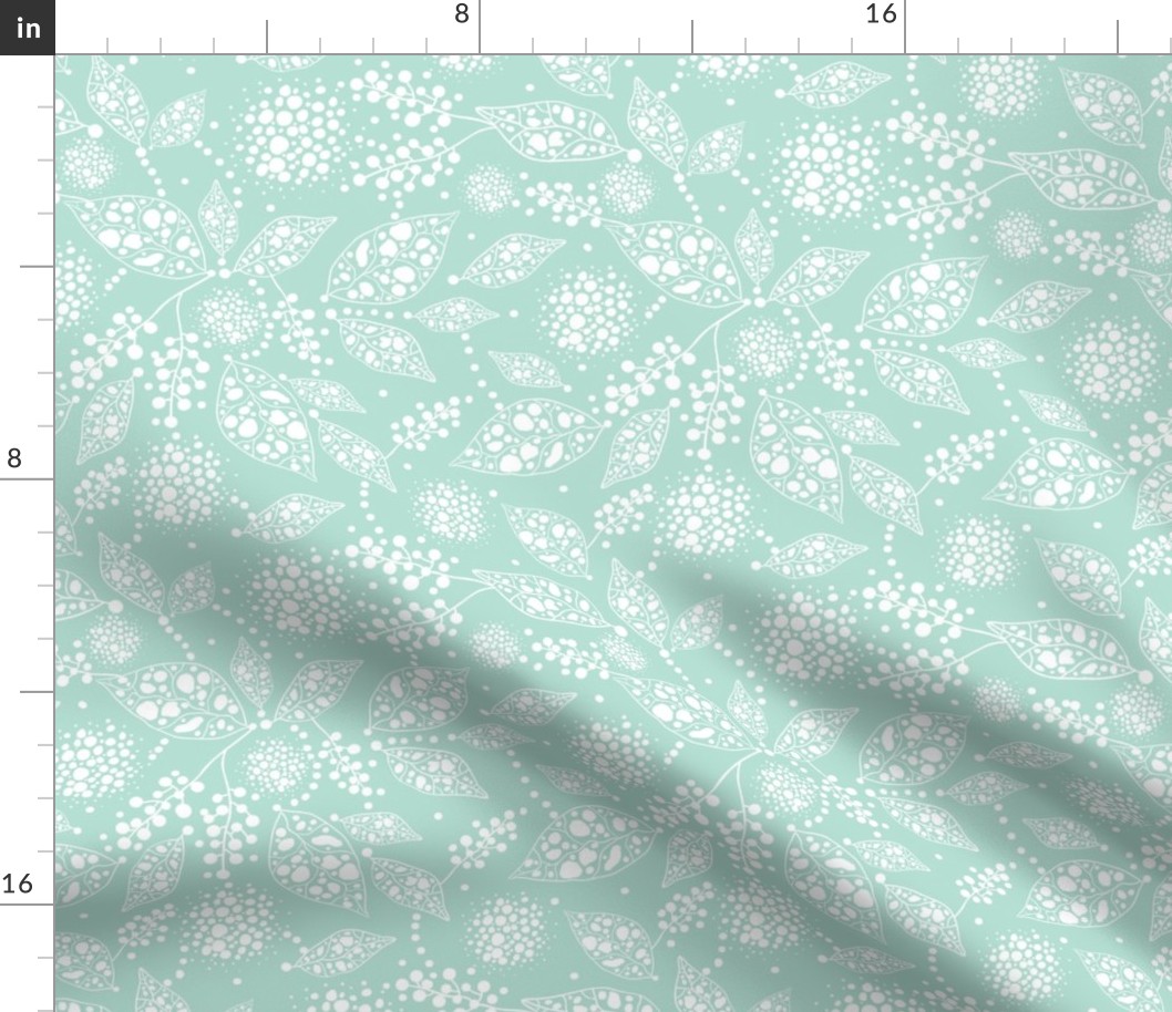 Mint green blue light textured leaves spots fabric design repeat pattern