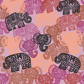 Elephant with ornaments. Pink brown lilac beige. Hand drawn ethnic tribal