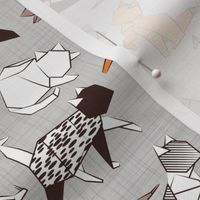 Small scale // Origami kitten friends (no shadows) // grey linen texture background paper cats