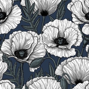 White poppies on navy