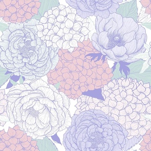 Late spring garden- hydrangea, peony and anemone in lilac, cotton candy and seaglass