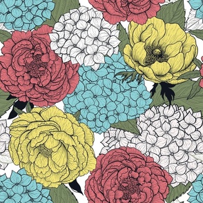 Late spring garden- hydrangea, peony and anemone -watermelon, buttercup,pool and sage colors