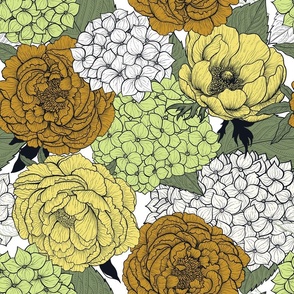 Late spring garden- hydrangea, peony and anemone in colors - Buttercup,Honeydew, Mustard,Sage and white