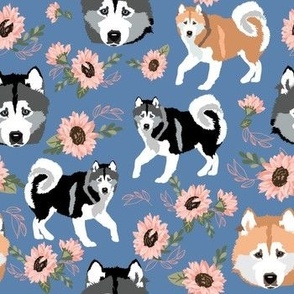 husky florals fabric cute denim blue fabric best siberian husky dogs fabric cute husky design best husky dogs fabrics cute husky fabrics by HotPinkStudio