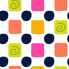 Hot Pink, Papaya, Chartreuse and Midnight Blue Geometric Circles, Squares and Spirals Large Scale