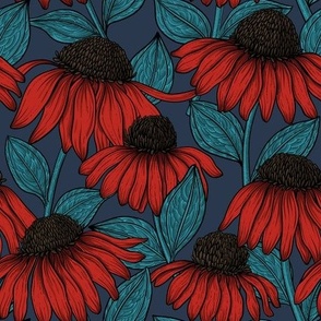 Red coneflowers on dark blue