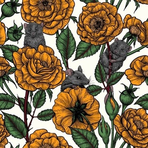 The mice party, yellow roses, white bg