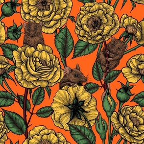 The mice party, yellow roses, orange bg