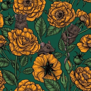 The mice party, yellow roses, dark green bg