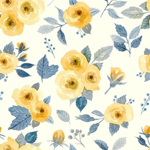 Rose Rose, yellow and blue on off white