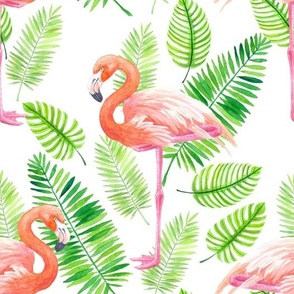 Flamingos and tropical leaves