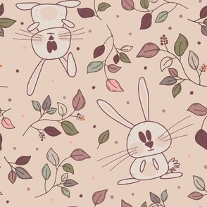 Adorable pink rabbits with leaves and berries, two directional