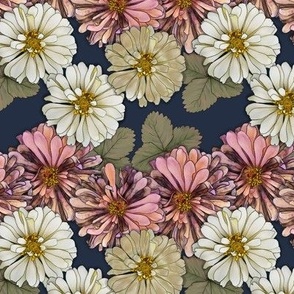 Pink and Cream Neutral Zinnia Flowers on Navy Blue