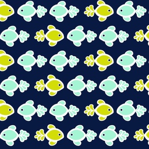 Fish Tales Horizontal Rows of Nautical Chartreuse and Mint Fish with Fancy Plumed Tails in Midnight Blue Water Medium