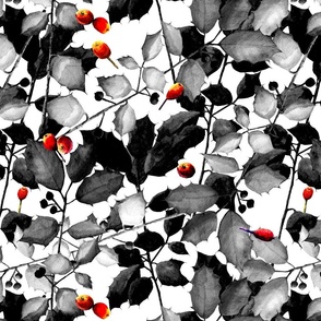 Holly B&W with Red Berries White Background