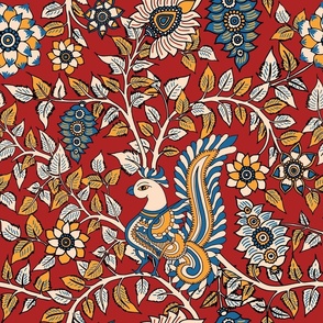 Kalamkari Peacock Garden -vermillion