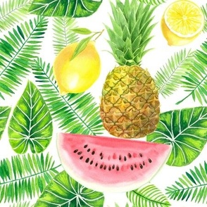 Tropical pattern - pineapples, lemons, watermelon slices and tropical leaves