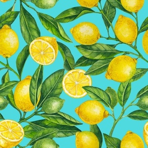 Lemon branches, green leaves on turquoise