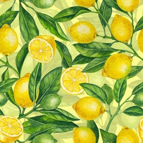 Lemon branches, green leaves on yellow 