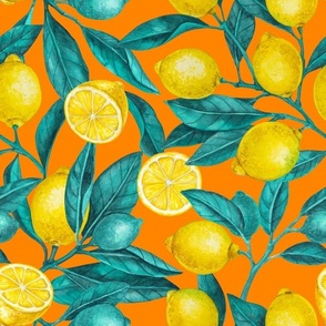 Lemon branches, blue leaves on orange