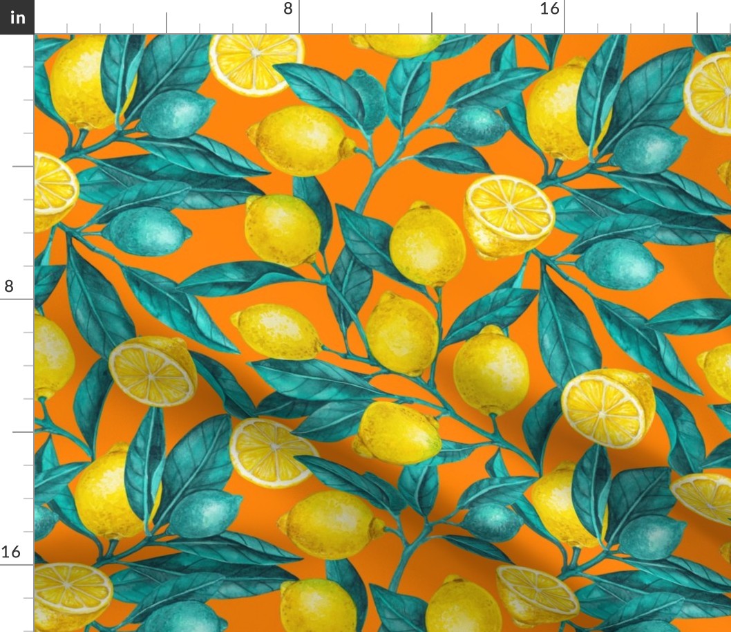 Lemon branches, blue leaves on orange