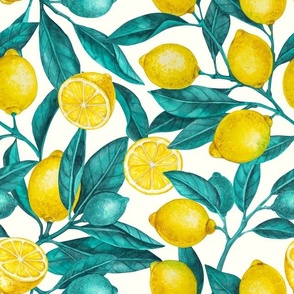 Lemon branches, blue leaves on off white