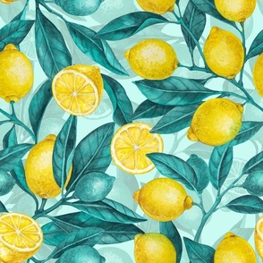 Lemon branches, blue leaves on light blue