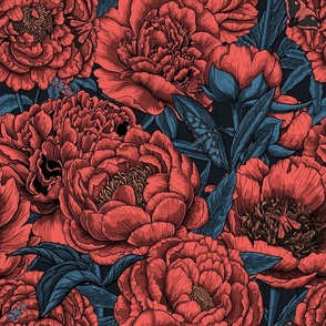 Peony flowers and moths , coral and blue on dark background, moody red florals