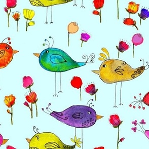 Silly Birds and Flowers I Blue