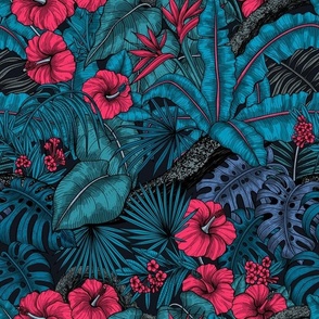 Tropical garden in blue and red