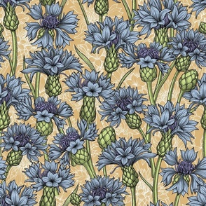 Cornflowers, in sky blue, lilac, honeydew and honey colors